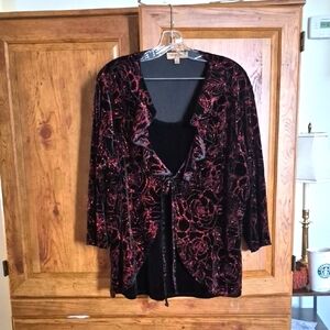 Elegant Plus Size Notations Black Red Metallic Velvet Shirt 3X